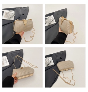Detailed views of champagne gold sequin clutch bag with leaf metal buckle and chain strap