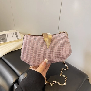 Women Evening Clutch Bag Shimmer Glitter PU Leather Metal Leaf Clasp Hard Shell Chain Crossbody Purse Party Banquet Wedding