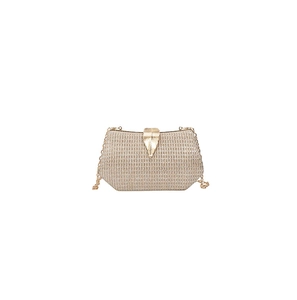 Elegant champagne gold sequin evening clutch with a golden metal leaf clasp and chain strap