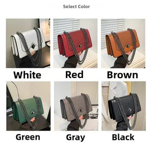 Collage of chic woven chain shoulder bags in six vibrant colors with metal clasps