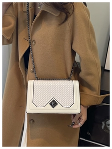 Detail of off-white woven shoulder bag featuring metallic chain and diamond buckle clasp