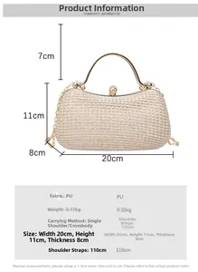 Detaillierte Größentabelle für Champagner-Abendtasche mit Griff und Kettenschultergurt