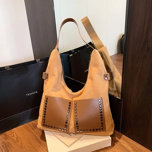 Retro Rivet Hobo Shoulder Bag For Women Large Capacity Frosted Suede PU Tote Bag Vintage Underarm Handbag For Commuting