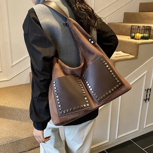 Vintage coffee suede tote bag with rivets and dual leather pockets for women