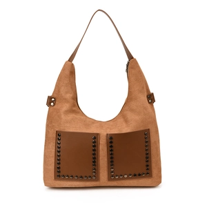 Vintage brown suede hobo bag with rivet studs and shoulder straps in a minimalist style