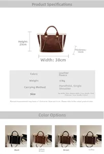 Detailed dimension chart for plush trimmed suede tote bag showing sizes and four colors