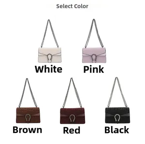 Detail view of leopard print chain bags featuring classic horseshoe buckle in five colors