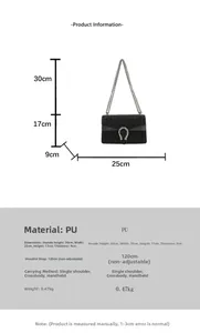 Size guide for leisure PU leather bag with chain strap and detailed dimensions chart