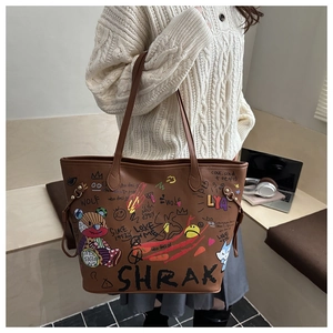 Sac fourre-tout en cuir marron avec motifs graffitis d'ours colorés et art urbain