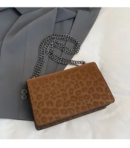 Detail of leopard print crossbody bag with metal chain strap on gray blazer background
