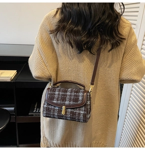 Detail der Vintage-Umhängetasche aus braunem Tweed mit Lederbesatz und Goldverschluss