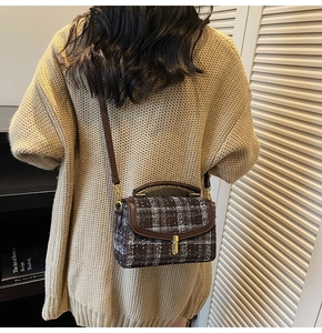Rückansicht eines Modells mit brauner Tweed-Karotasche und goldenem Drehverschluss