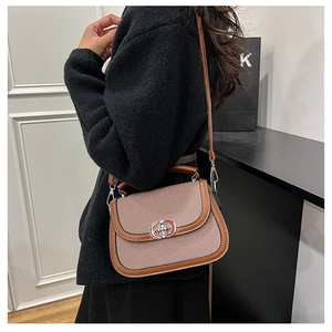 Brown leather and striped fabric saddle bag with silver buckle shown on a model