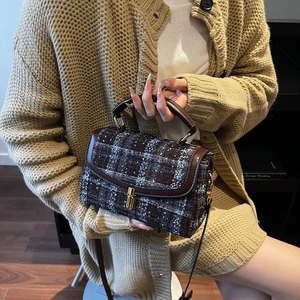 Vintage Tweed Handtasche mit Karomuster, Lederbesatz und Gold-Drehverschluss für Damen