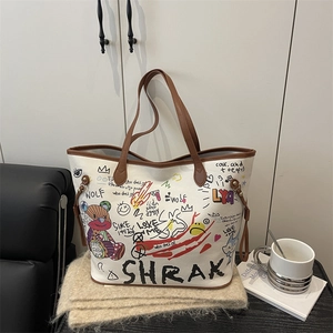 Grand Sac Fourre-tout En Cuir PU Pour Femmes Avec Imprimé Graffiti Street Art Ours Dessin Animé Sac À Main