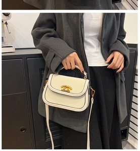 Close-up of cream saddle bag with gold metal buckle and contrast black edges