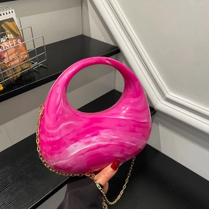 Fashion Acrylic Crescent Crossbody Bag For Women Marble Pattern Mirror Finish Evening Handbag With Metal Chain