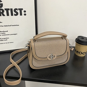 Retro Saddle Crossbody Bag Women Contrast Color PU Leather Canvas Splicing Handbag Shoulder Bag Metal Buckle Adjustable Strap