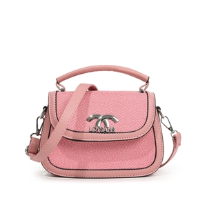 Sacoche selle tissée rose et blanc avec finitions en cuir et bandoulière réglable