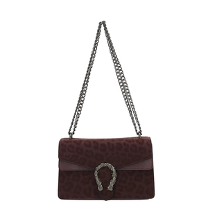 Luxury leopard print crossbody bag in burgundy suede with metallic tiger head buckle
