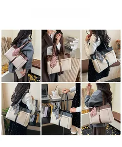 Collage of canvas tote bag with leather trim and silk scarf, showing multi-angle usage