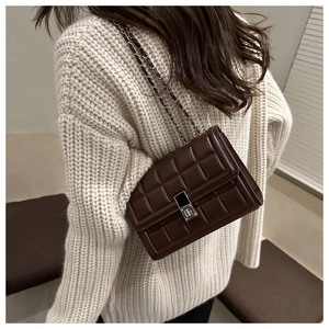 Quilted dark brown crossbody bag with chain strap shown on model in warm outdoor lighting