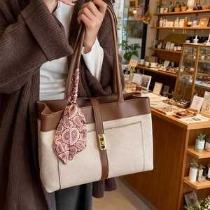 Retro canvas tote bag with brown leather trim and patterned silk scarf accessory