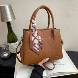 Women Fashion PU Leather Tote Bag Litchi Grain Crossbody Bag With Decorative Satin Scarf Large Capacity Commuting Handbag