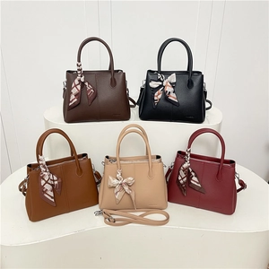 Litchi pattern leather tote bags in five colors with geometric silk scarf decoration