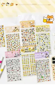 Detail of cute animal pet stickers set featuring hedgehog and shiba inu for journals