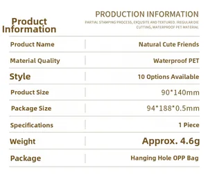 Detailed spec sheet showing waterproof PET material and gold stamping of stickers
