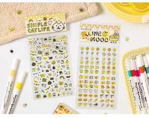 Close-up of cute cartoon PET stickers featuring cat life and line mood themes for journaling