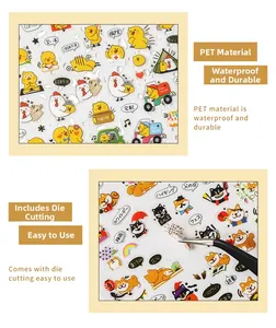 Detail of waterproof PET stickers featuring cute cartoon chick and dog patterns