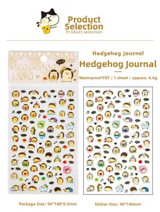 Waterproof PET stickers featuring cute cartoon hedgehog illustrations for scrapbooking