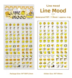 Detail view of waterproof PET stickers featuring cute cartoon life icons and measurements