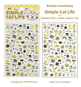 Detail of waterproof PET cat stickers showing diverse hand-drawn lifestyle icons