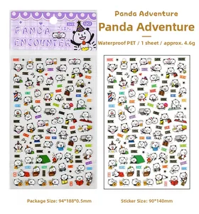 Detailed view of panda theme waterproof PET stickers with packaging size 94x188mm