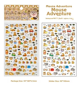 Detail of Mouse Adventure cartoon PET stickers showing cute animal patterns and packaging