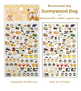 Detail of waterproof PET stickers featuring cute Sunny Shiba cartoon dog illustrations