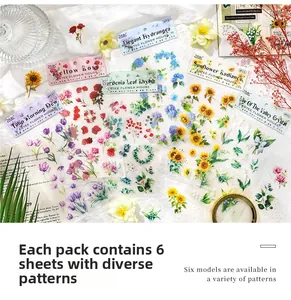 Detail of floral PET stickers including tulips and roses for DIY scrapbooking decor