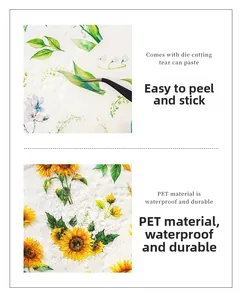Detail of waterproof PET floral stickers featuring sunflower and lily of the valley