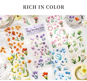 Detailed view of colorful Tulip Morning Dew waterproof floral stickers for scrapbooking