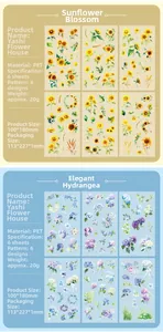 Detail view of waterproof PET floral stickers with sunflower and hydrangea hand-drawn designs