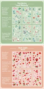 Detail view of 6-piece PET vintage floral sticker set with garden and rose themes