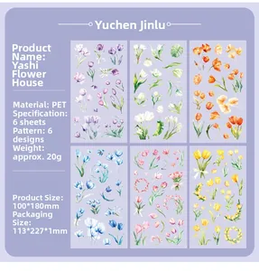 Detailed flat lay of six PET floral stickers with colorful tulips for DIY journals