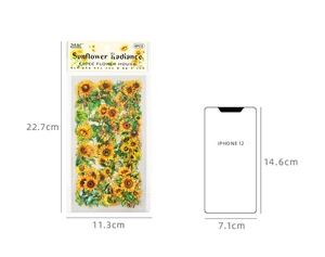 Size comparison of sunflower PET stickers in packaging next to an iPhone 12 outline
