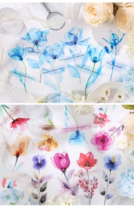 Detalle de pegatinas florales de PET transparente con citas artísticas para diarios
