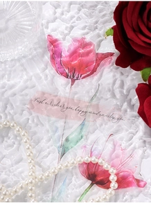 Detalle de pegatinas florales de PET con elegantes tulipanes y tipografía de estilo manual