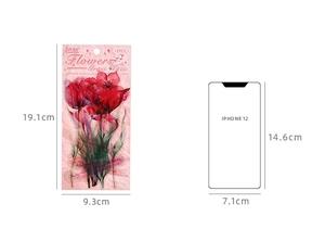 Set de pegatinas de tulipanes rojos acuarela con comparación de tamaño iPhone 12