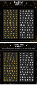 Close-up of gold and silver PET alphabet stickers with metallic finish and numbered labels